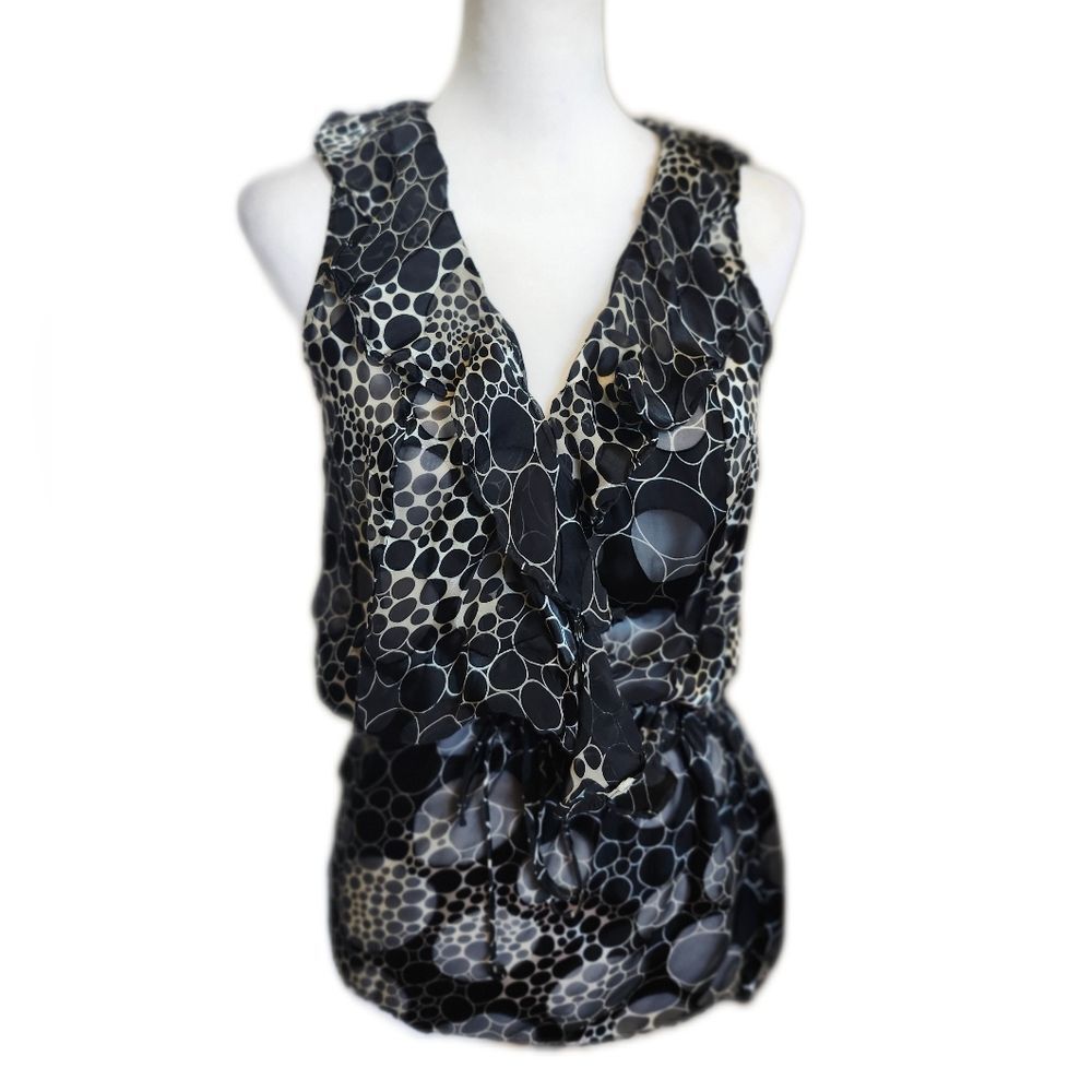 Black & Cream Circle Pattern Faux Wrap Silk Sleeveless Blouse, Peplum, M